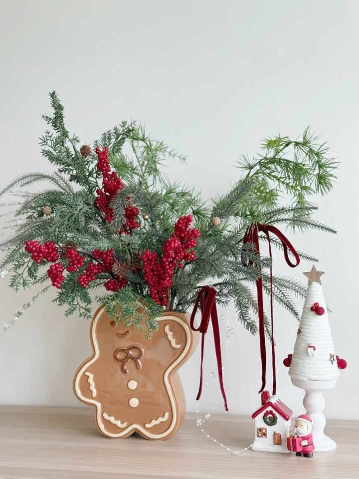 Berry Merry Holiday Arrangement in Gingerbread Man Vase (1-sided)
