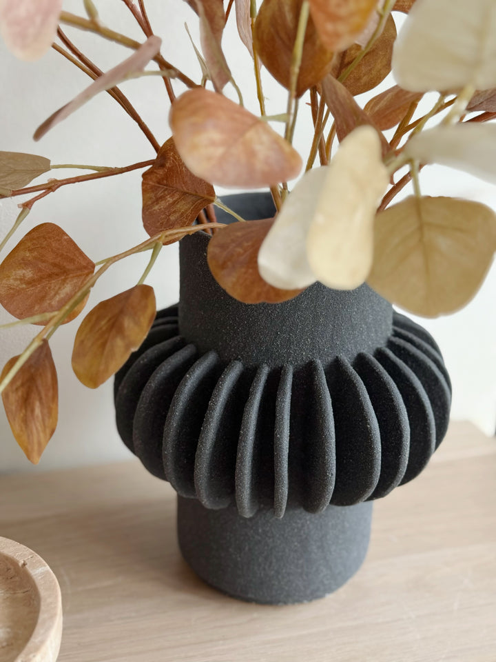 Sleek Black Petal Elegance Speckled Porcelain Vase