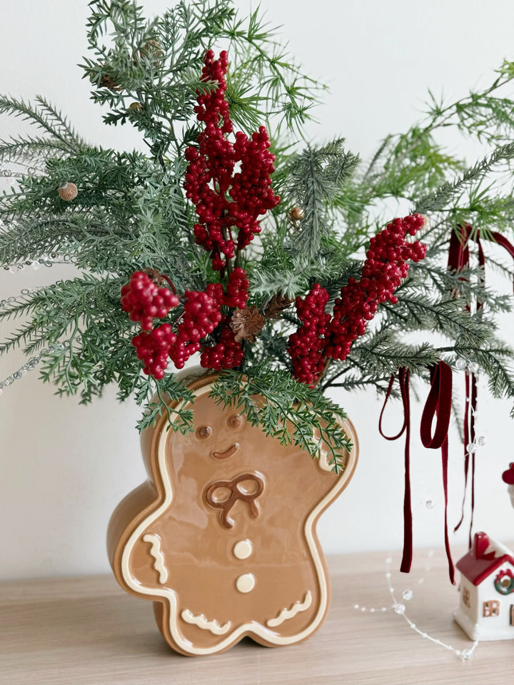 Berry Merry Holiday Arrangement in Gingerbread Man Vase (1-sided)