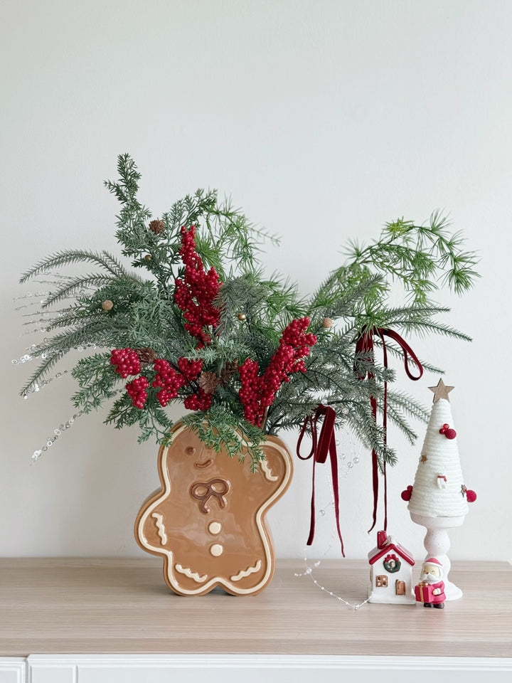 Berry Merry Holiday Arrangement in Gingerbread Man Vase (1-sided)