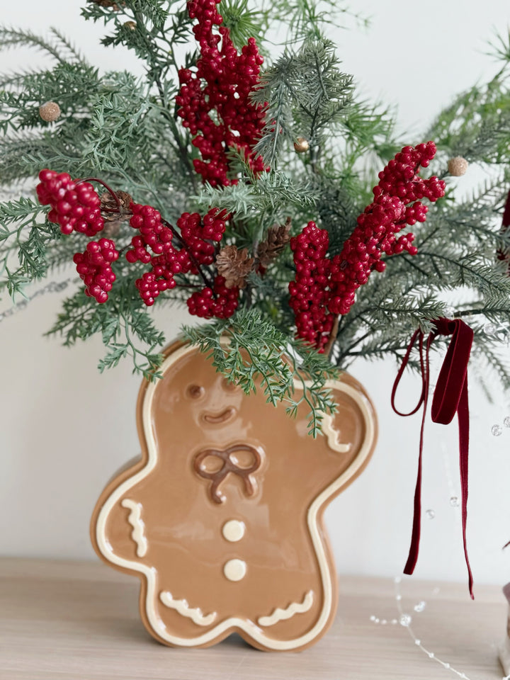 Berry Merry Holiday Arrangement in Gingerbread Man Vase (1-sided)