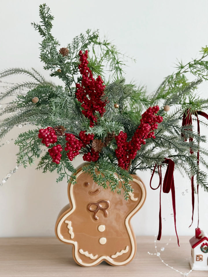 Berry Merry Holiday Arrangement in Gingerbread Man Vase (1-sided)
