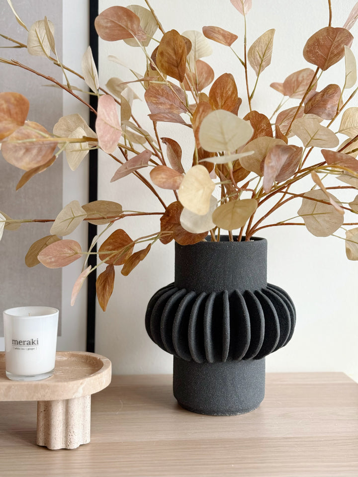 Sleek Black Petal Elegance Speckled Porcelain Vase