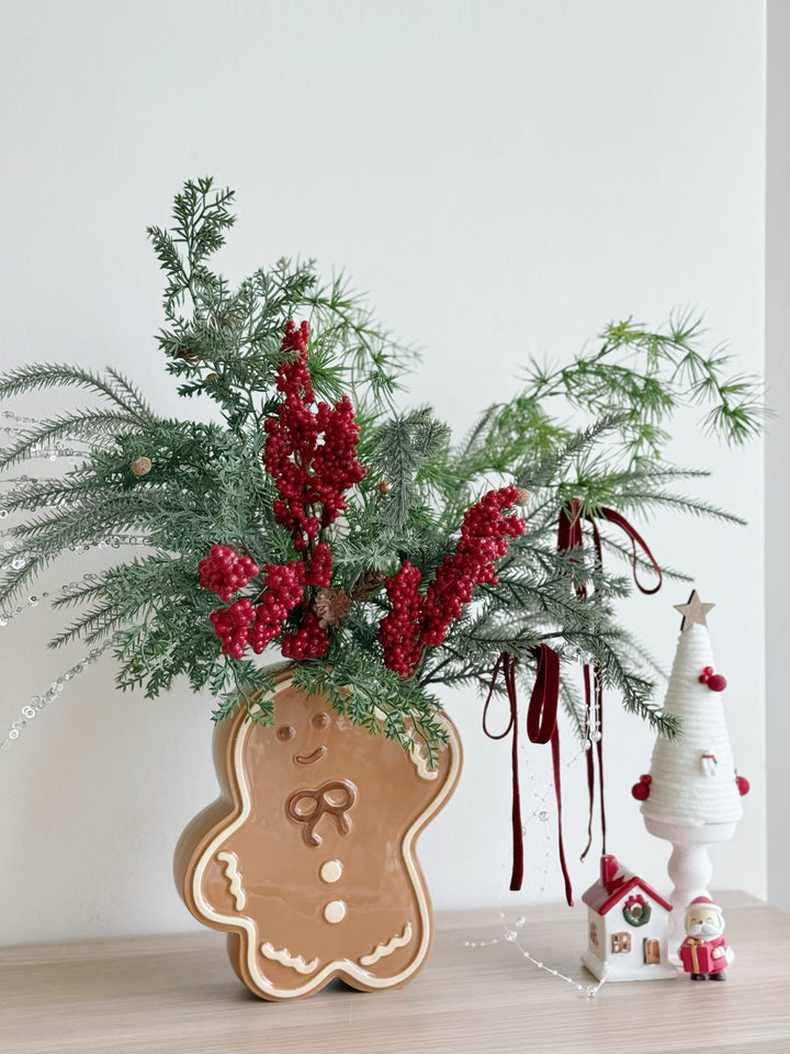 Berry Merry Holiday Arrangement in Gingerbread Man Vase (1-sided)