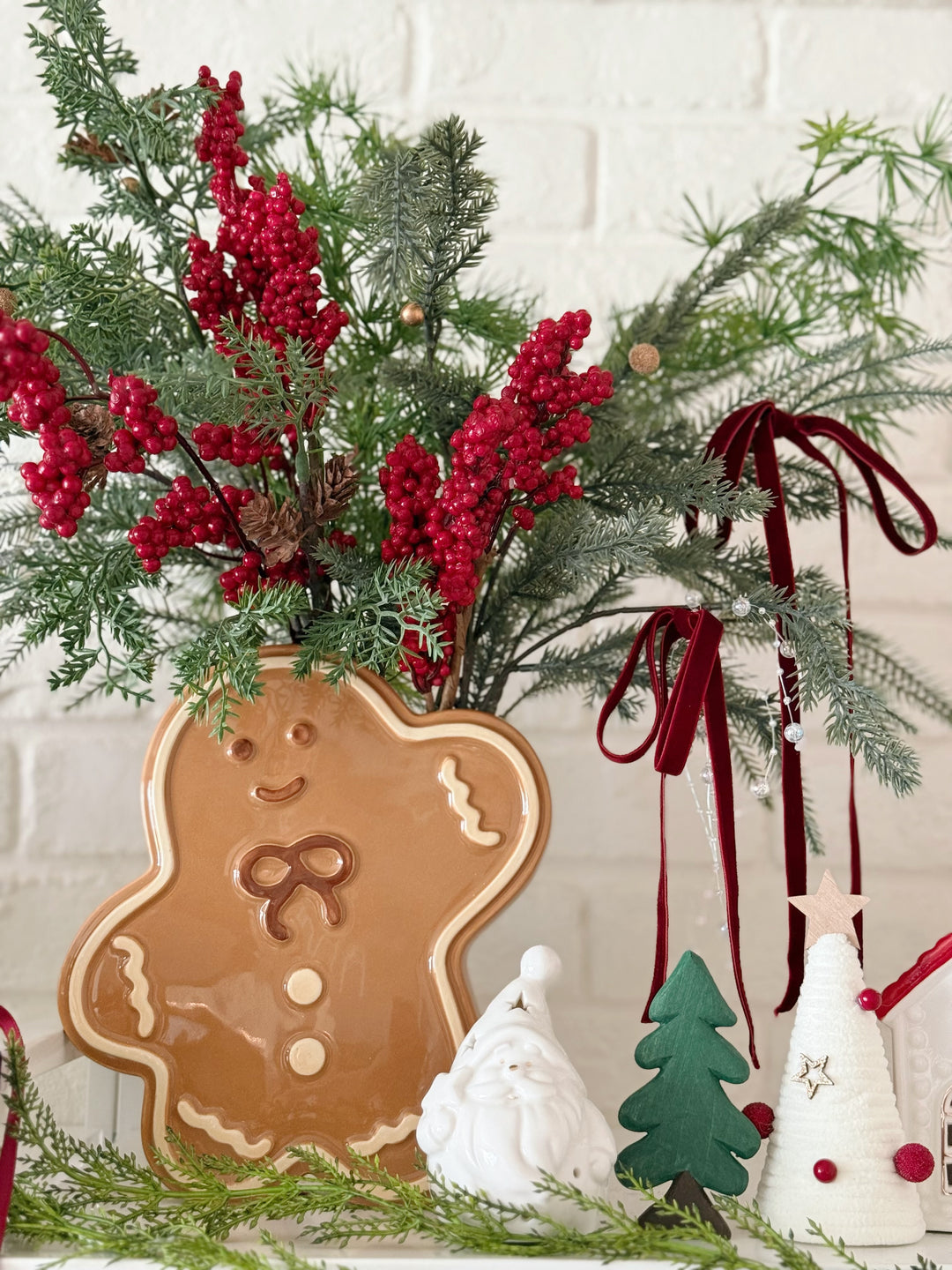 Berry Merry Holiday Arrangement in Gingerbread Man Vase (1-sided)