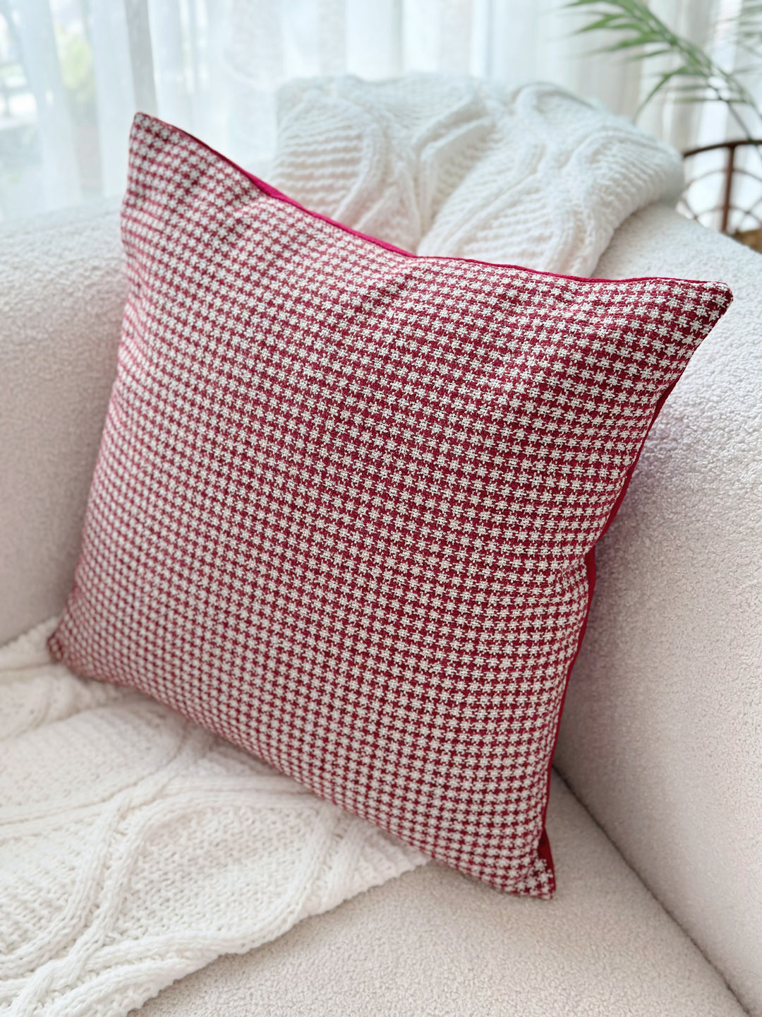 Deep Red Houndstooth Chic Cushion Cover