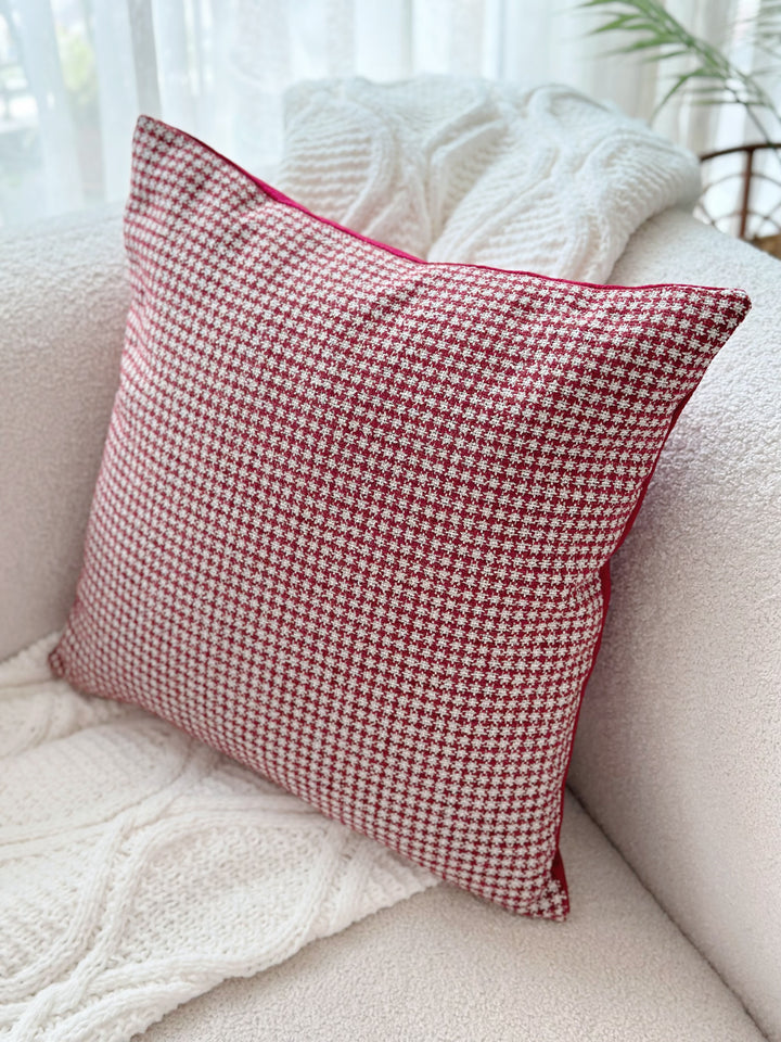 Deep Red Houndstooth Chic Cushion Cover