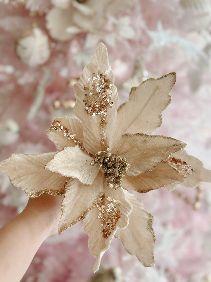 Velvety Champagne Gold Beaded Artificial Poinsettia