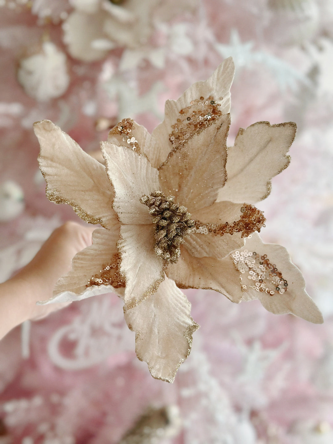 Velvety Champagne Gold Beaded Artificial Poinsettia