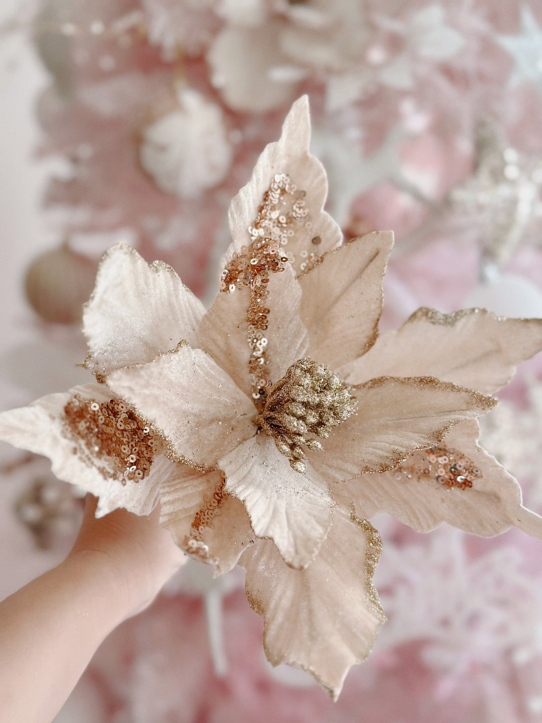 Velvety Champagne Gold Beaded Artificial Poinsettia