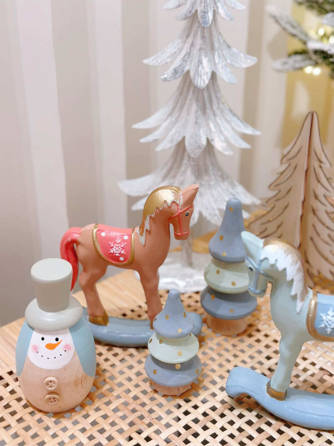 Whimsical Woodland: Pastel-Hued Wooden Christmas Ensemble