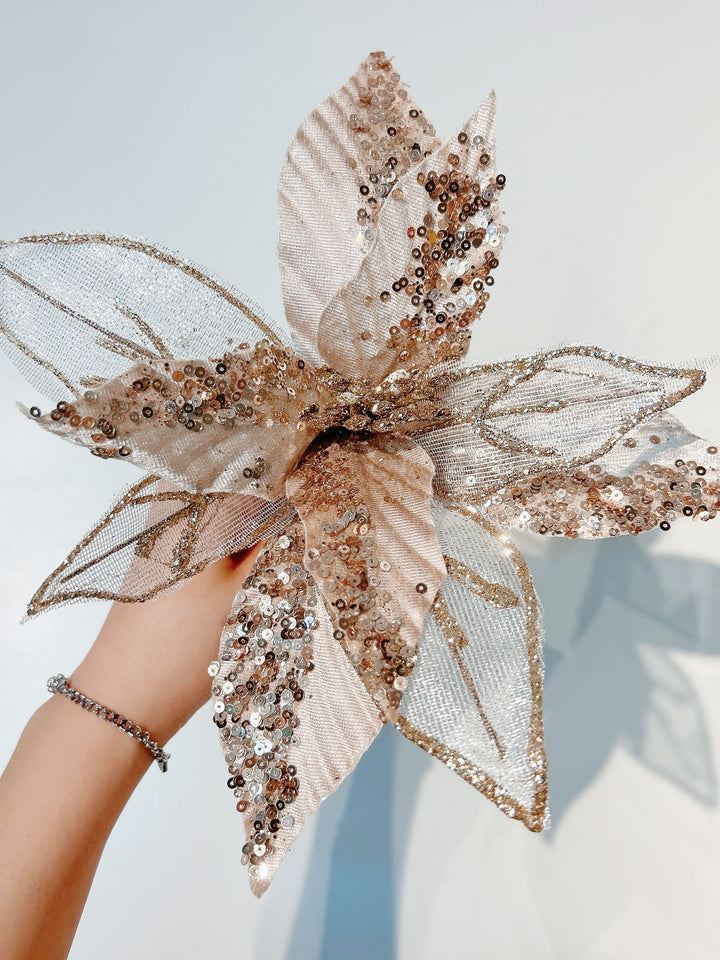 Dual Texture Champagne Gold Beaded Artificial Poinsettia