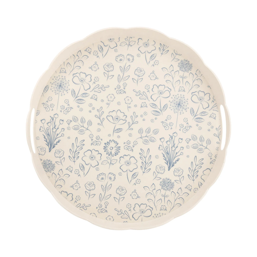 Round Scalloped Floral Bamboo Tray