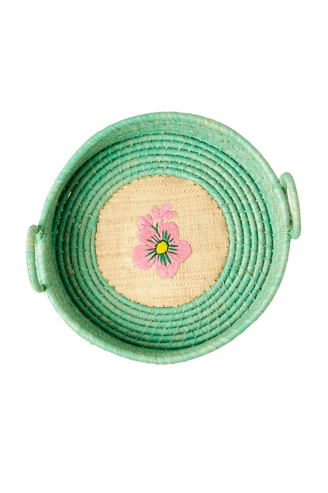 Raffia Round Bread Basket with Flower Embroidery Green