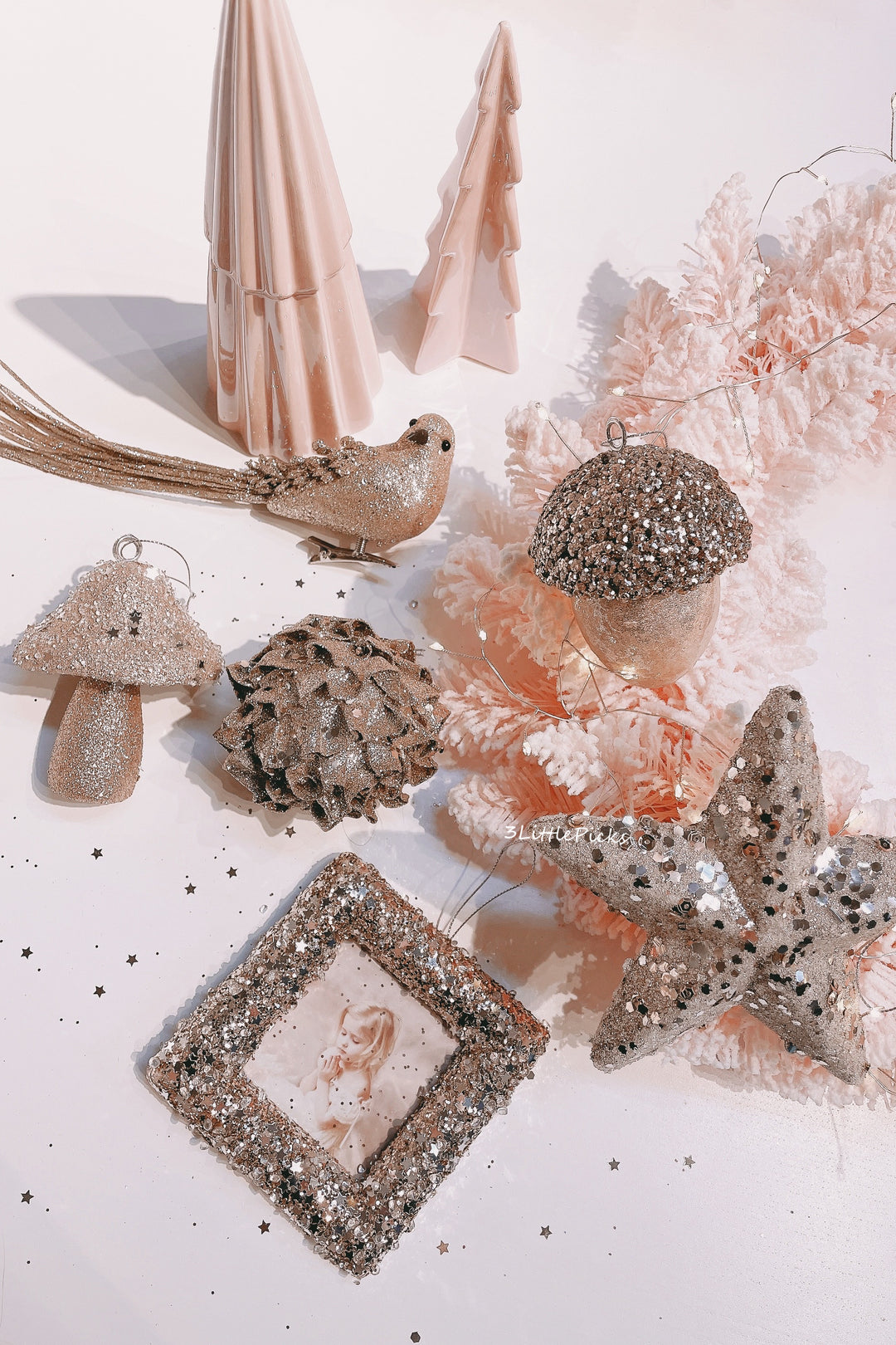 Deep Champagne Glittered Ornament Set (set of 6)