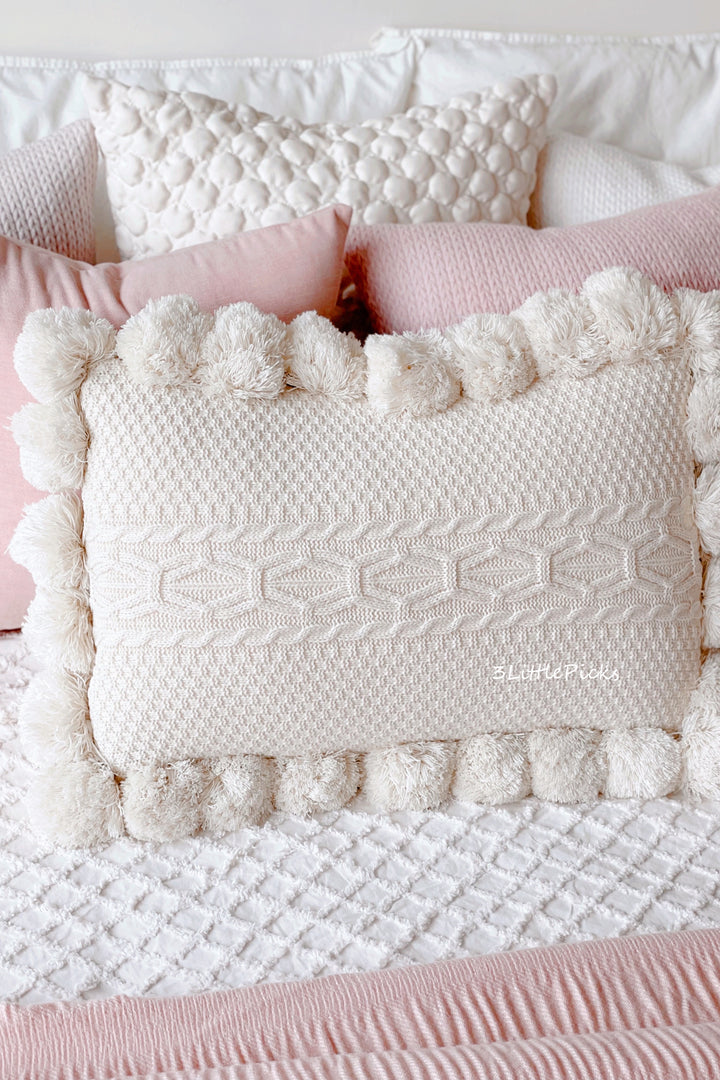 Cream Pom Pom Knitted Waist Cushion Cover