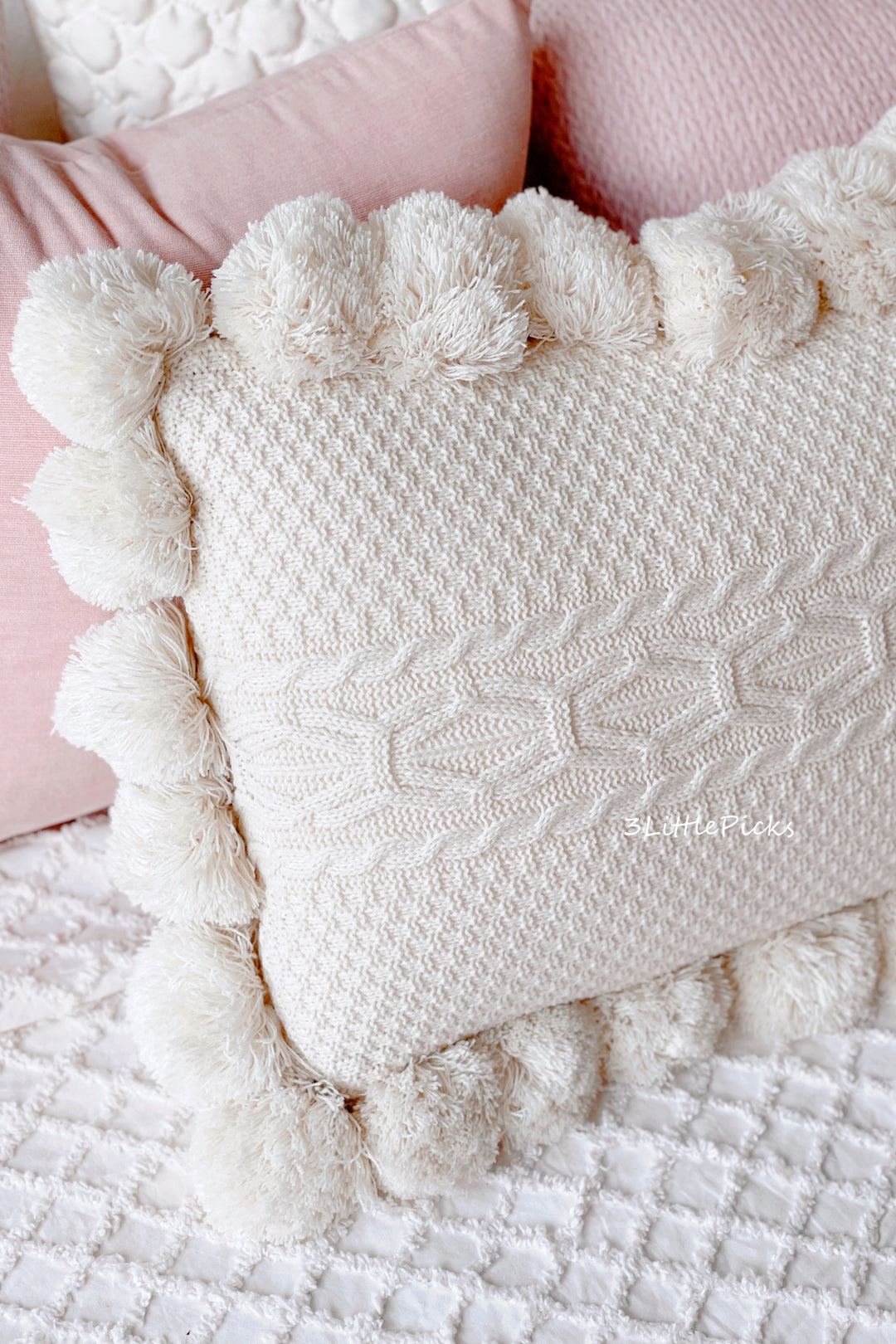 Cream Pom Pom Knitted Waist Cushion Cover