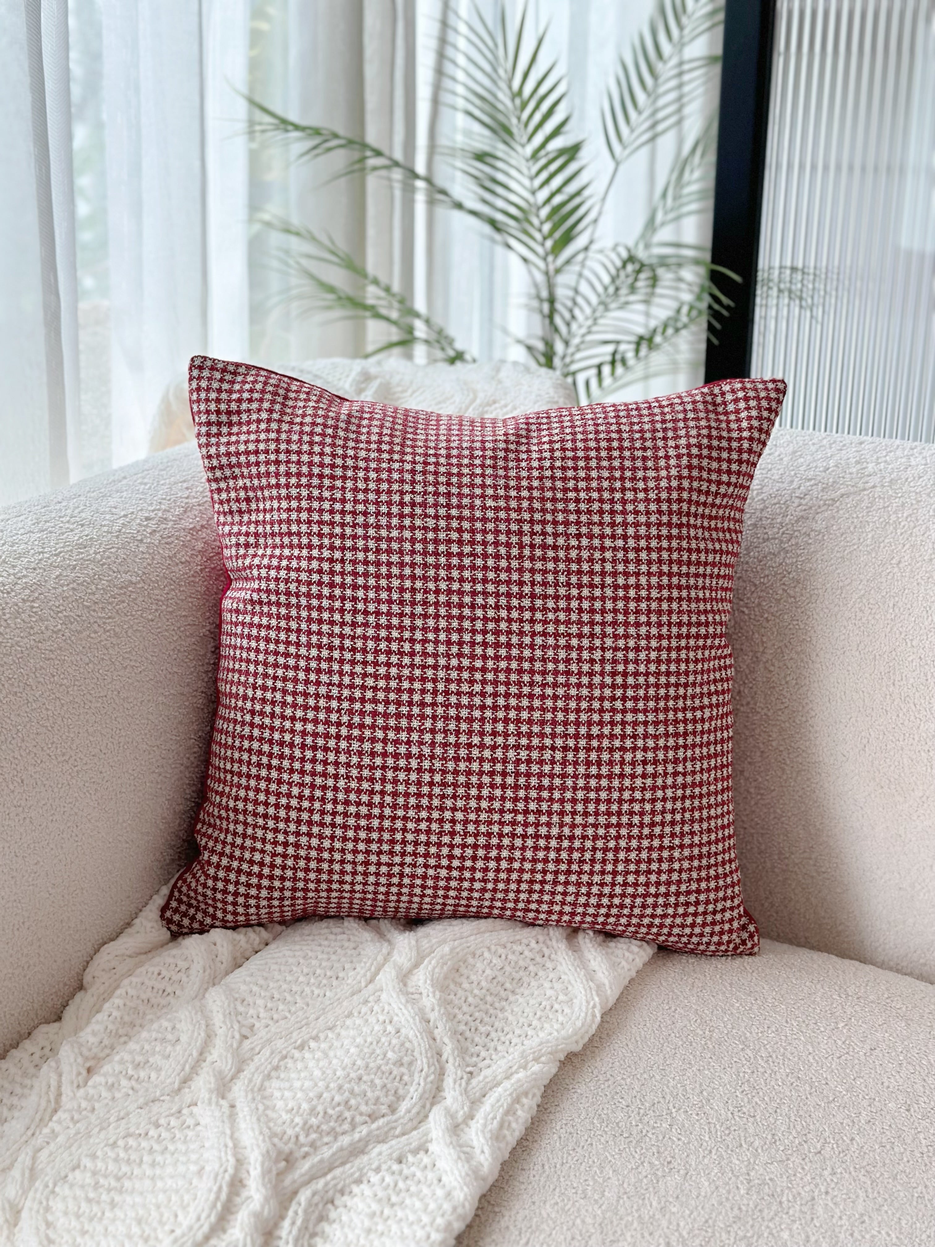 Deep Red Houndstooth Chic Cushion Cover 3LittlePicks