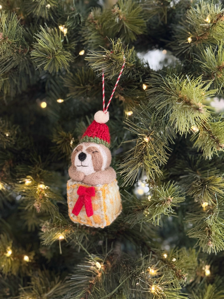 Sloth in Gift Box Felt Ornament