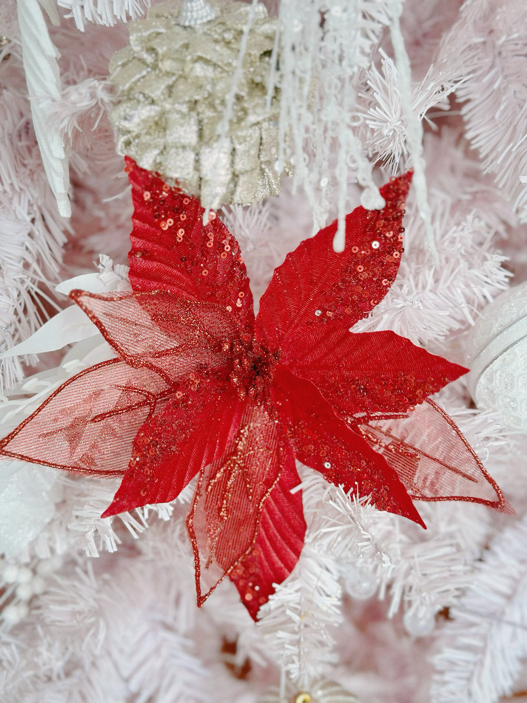 Dual Texture Red Beaded Artificial Poinsettia