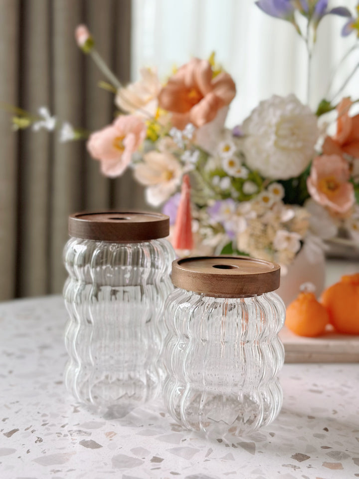 Grooved Glass Jar with Acacia Airtight Lid (set of 2)