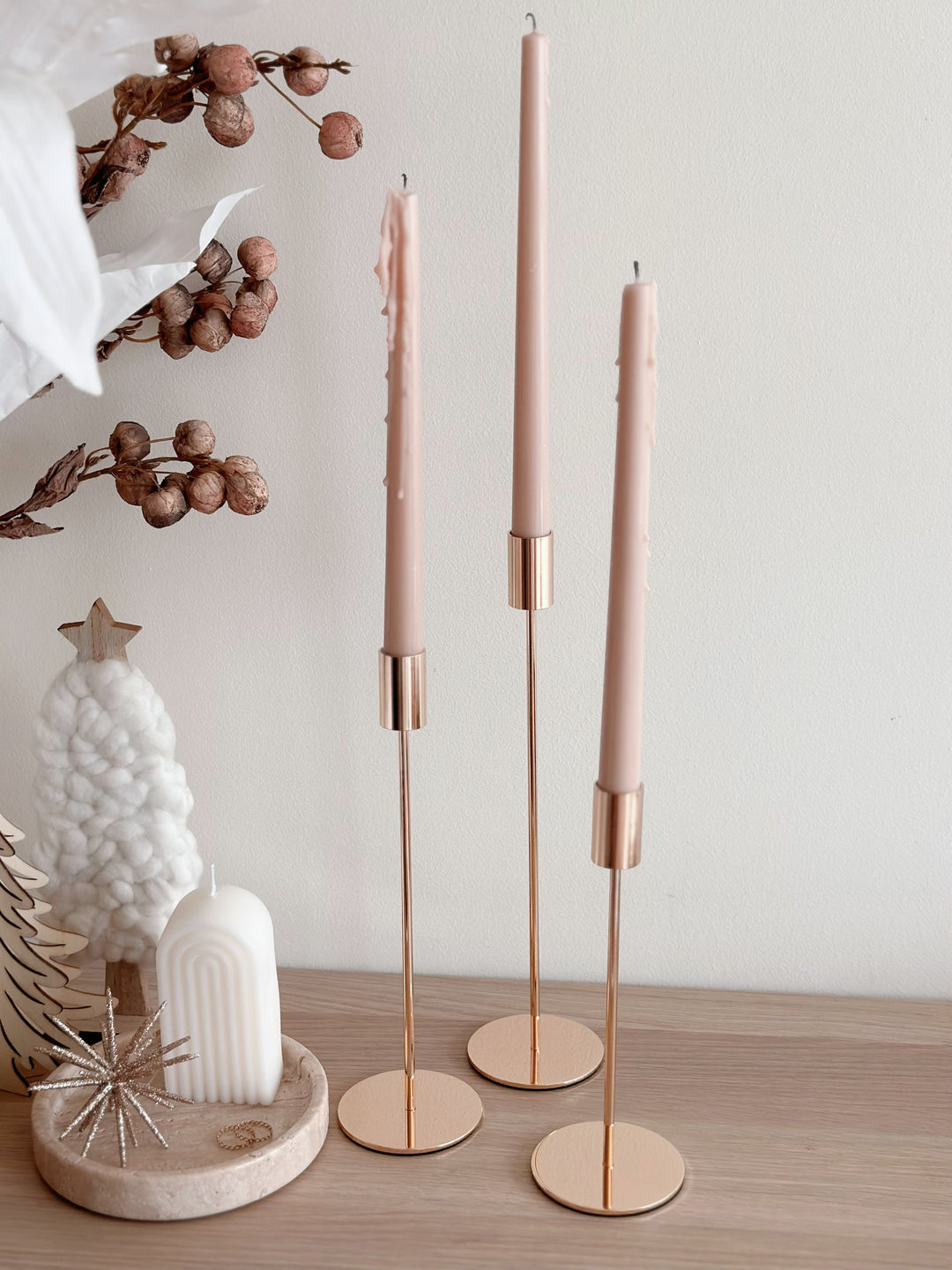 Serene Trio: Elegant Champagne Gold Minimalist Candle Holder