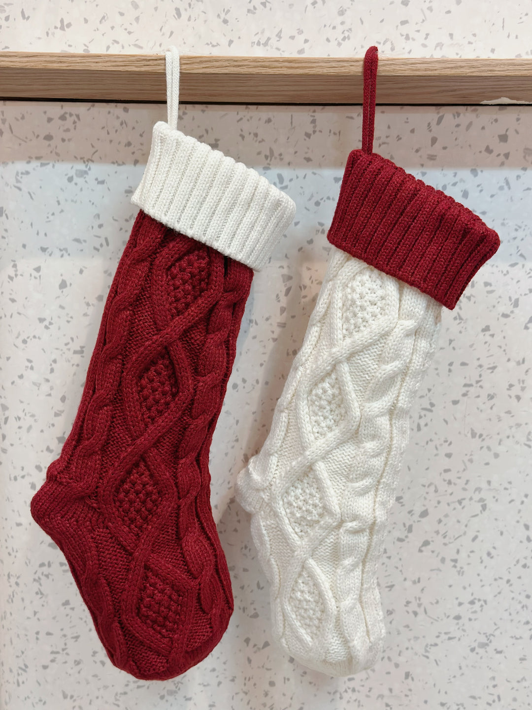 PRE-ORDER (17-23 Oct): Chunky Braid Knitted Cream And Deep Red Christmas Stocking Set (pair)
