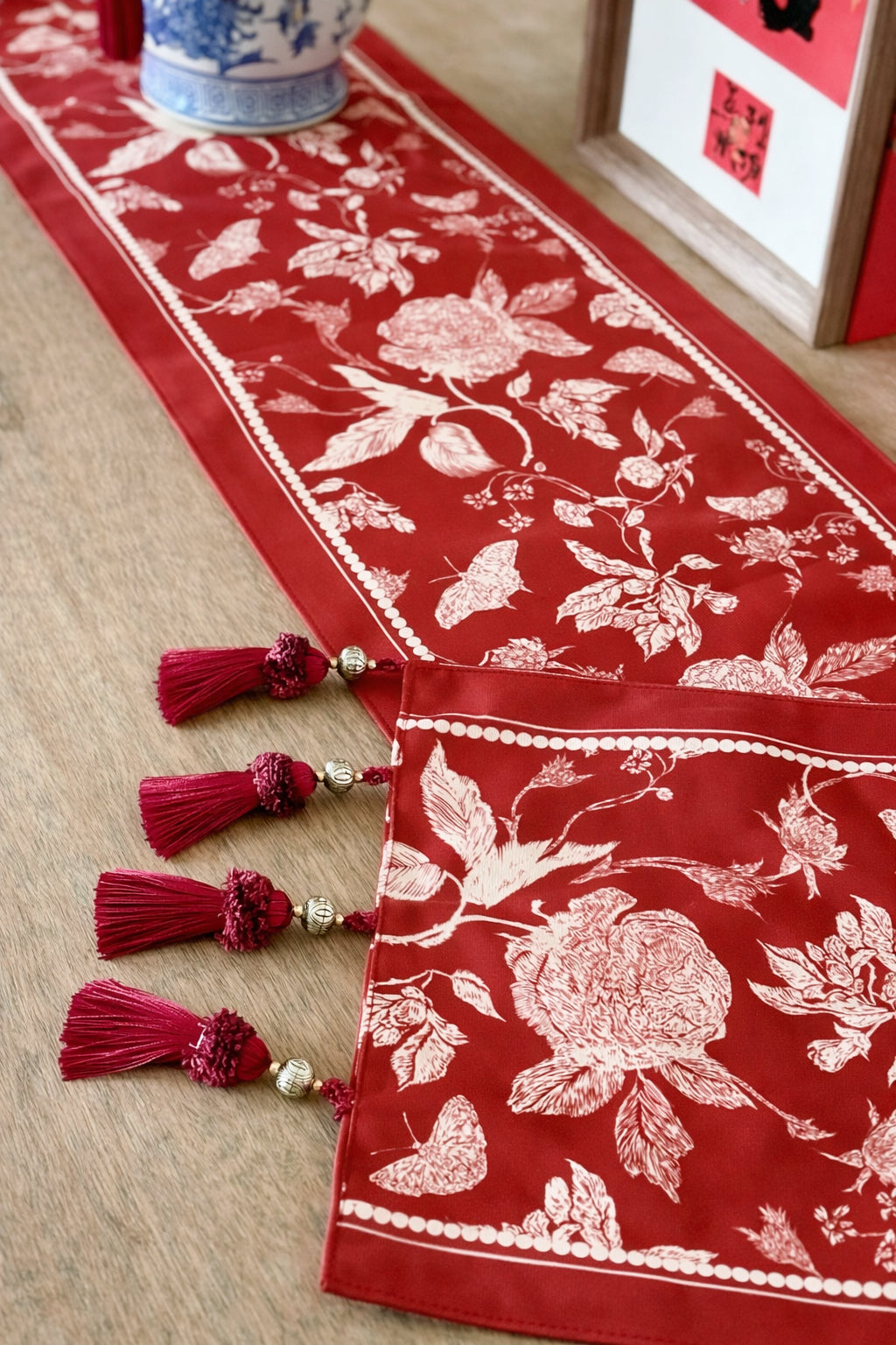 Vermilion Bloom Tassel Table Runner