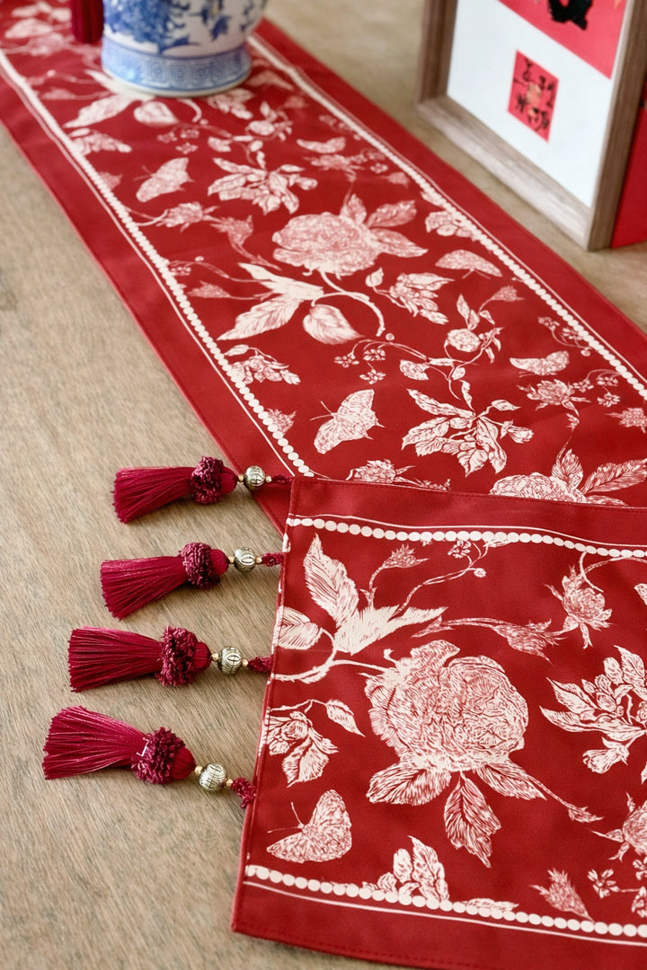 Vermilion Bloom Tassel Table Runner