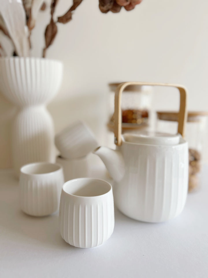 Zen Lines: White Porcelain Teapot & Cup Set