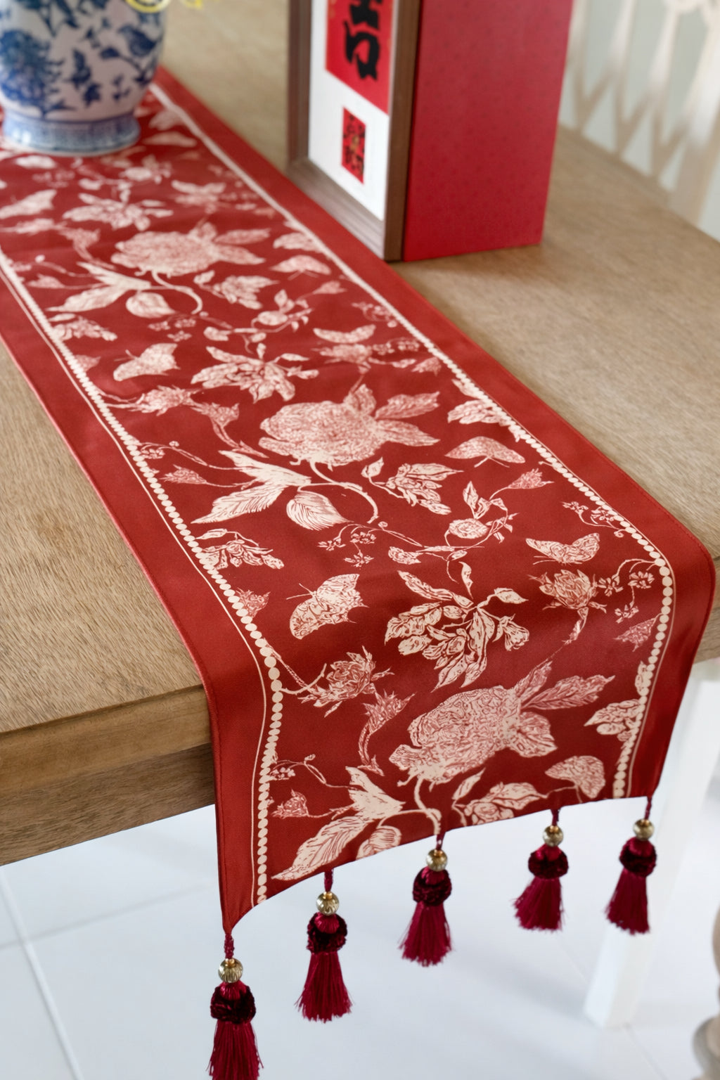 Vermilion Bloom Tassel Table Runner