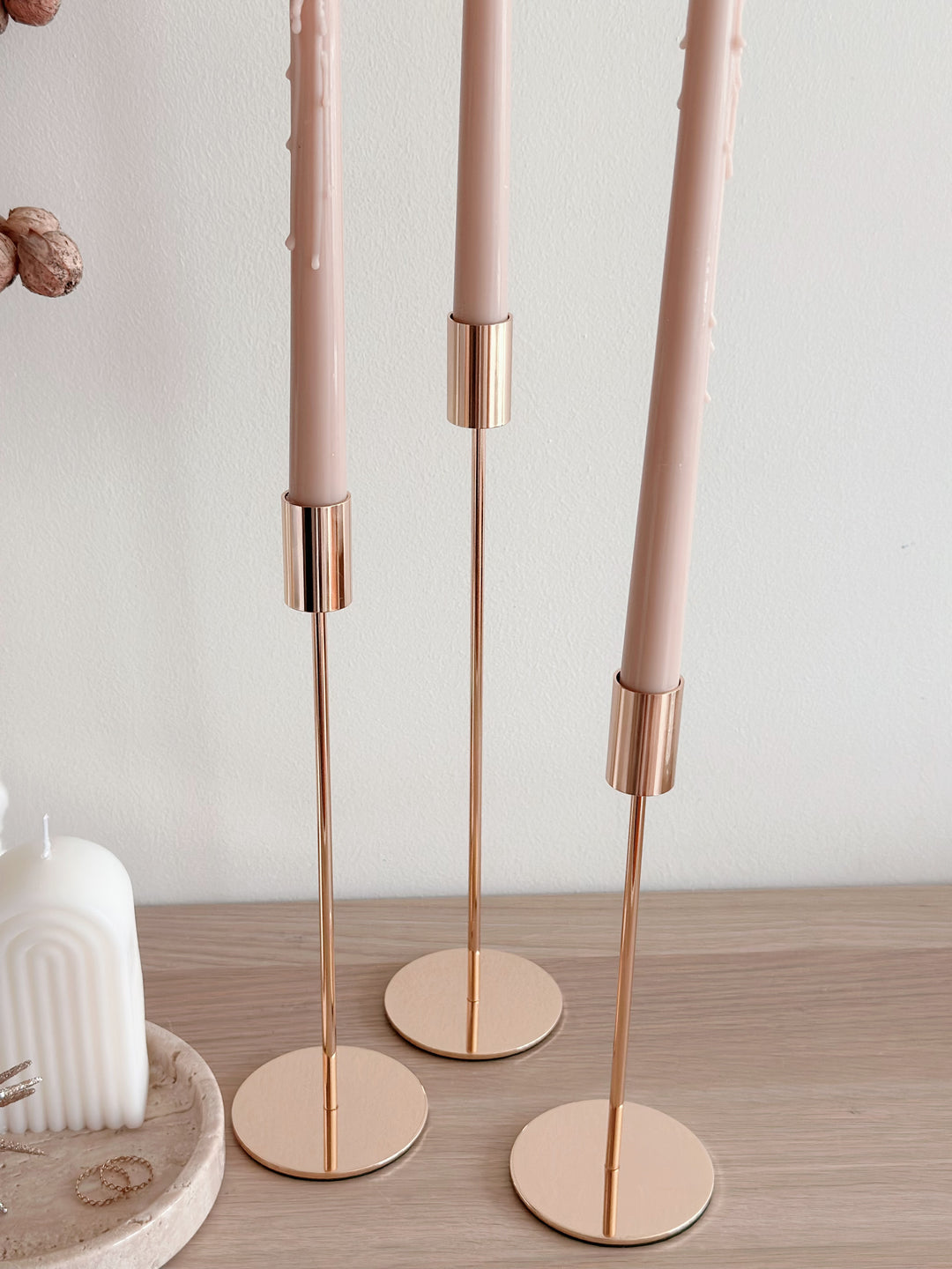 Serene Trio: Elegant Champagne Gold Minimalist Candle Holder