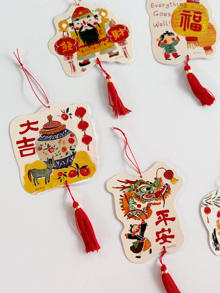 Playful New Year Blessings Die-Cut Hanging Ornament Set (Set of 6)