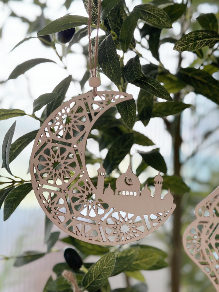 Geometric Crescent & Mosque Wooden Hanging Ornament