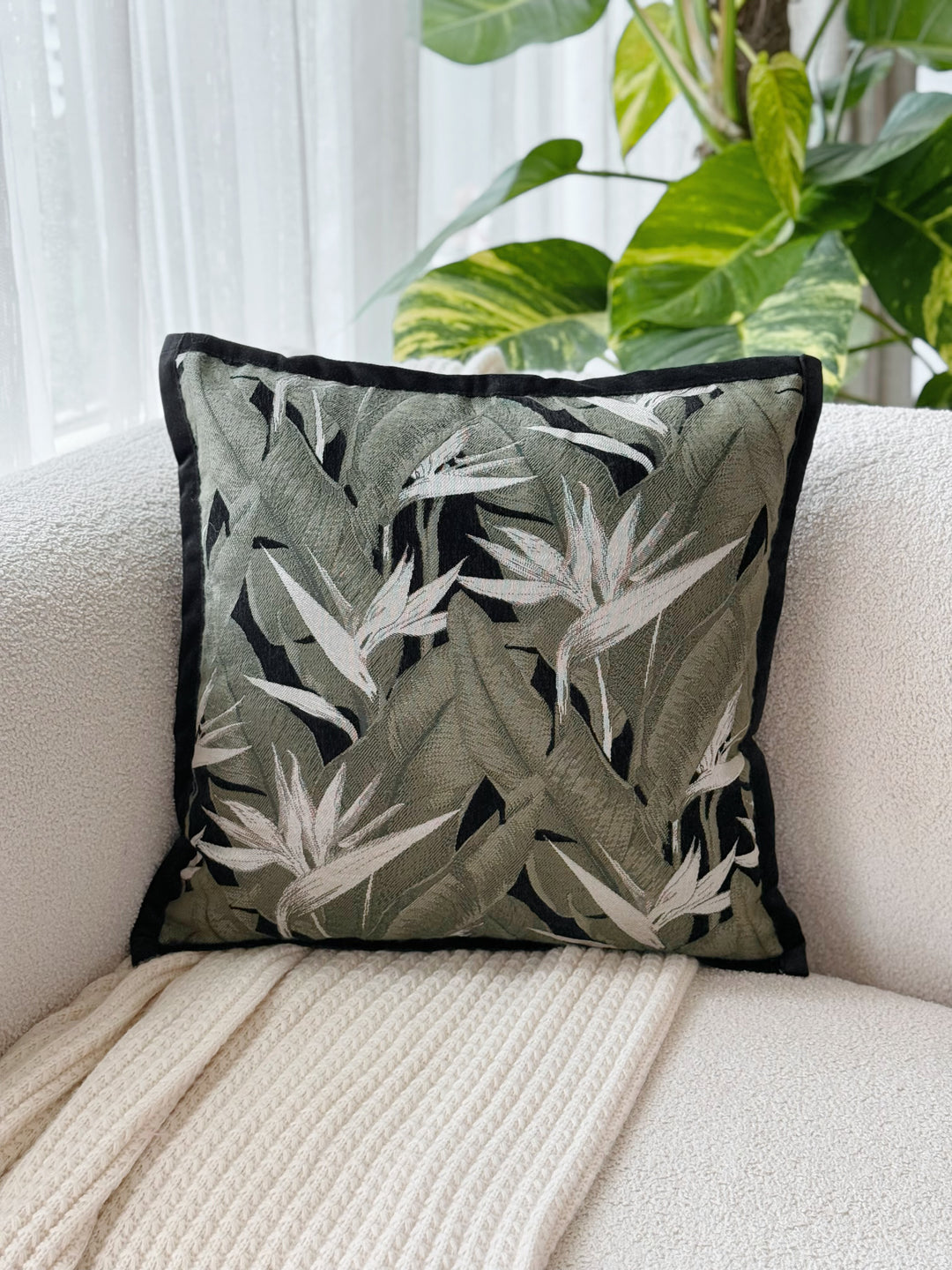 Bird of Paradise Velvet Trim Cushion Cover