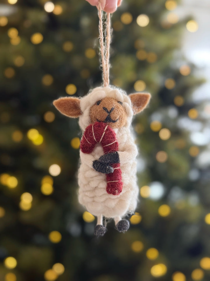 Candy Cane Sheep Wool Felt Ornament