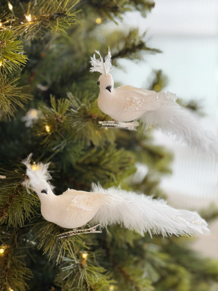 Snowy Feather Crest Bird Set (set of 2)