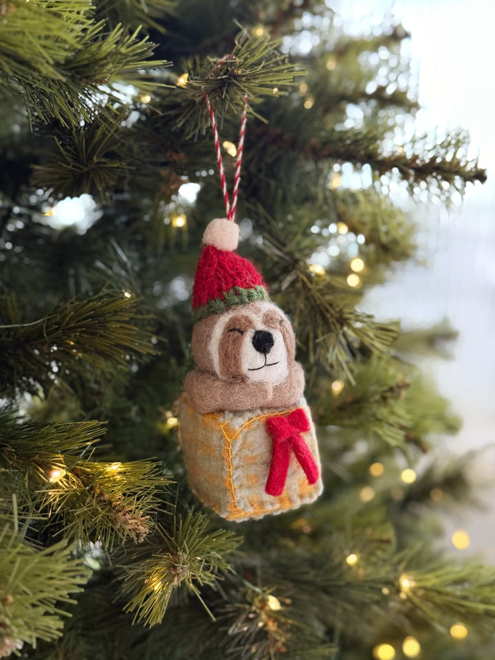 Sloth in Gift Box Felt Ornament
