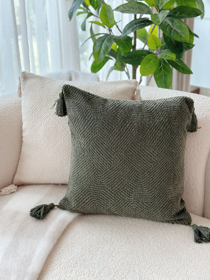 HerringHaven Tassel Cushion Cover - Deep Olive Green