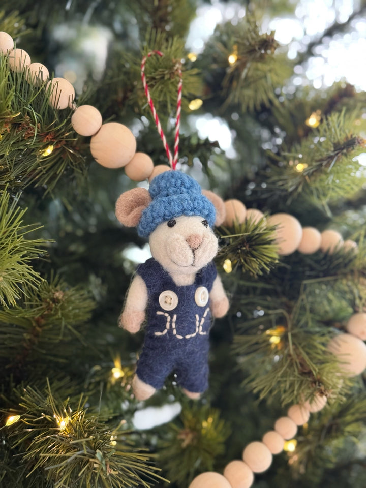 Blue Beanie Mouse Felt Ornament