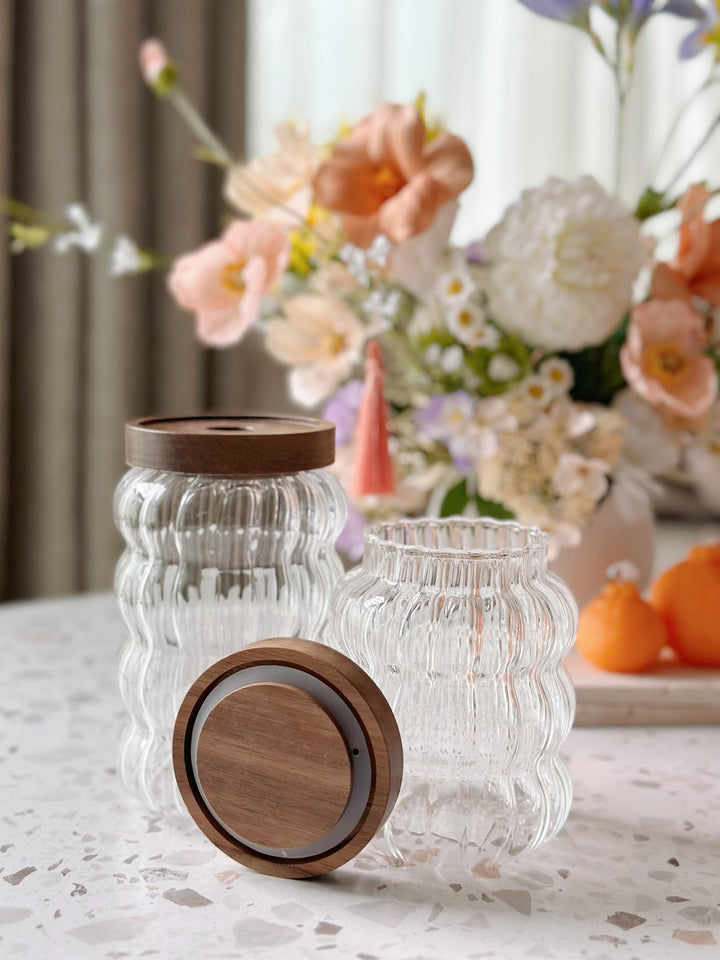 PRE-ORDER (6-10 May): Grooved Glass Jar with Acacia Airtight Lid (set of 2)