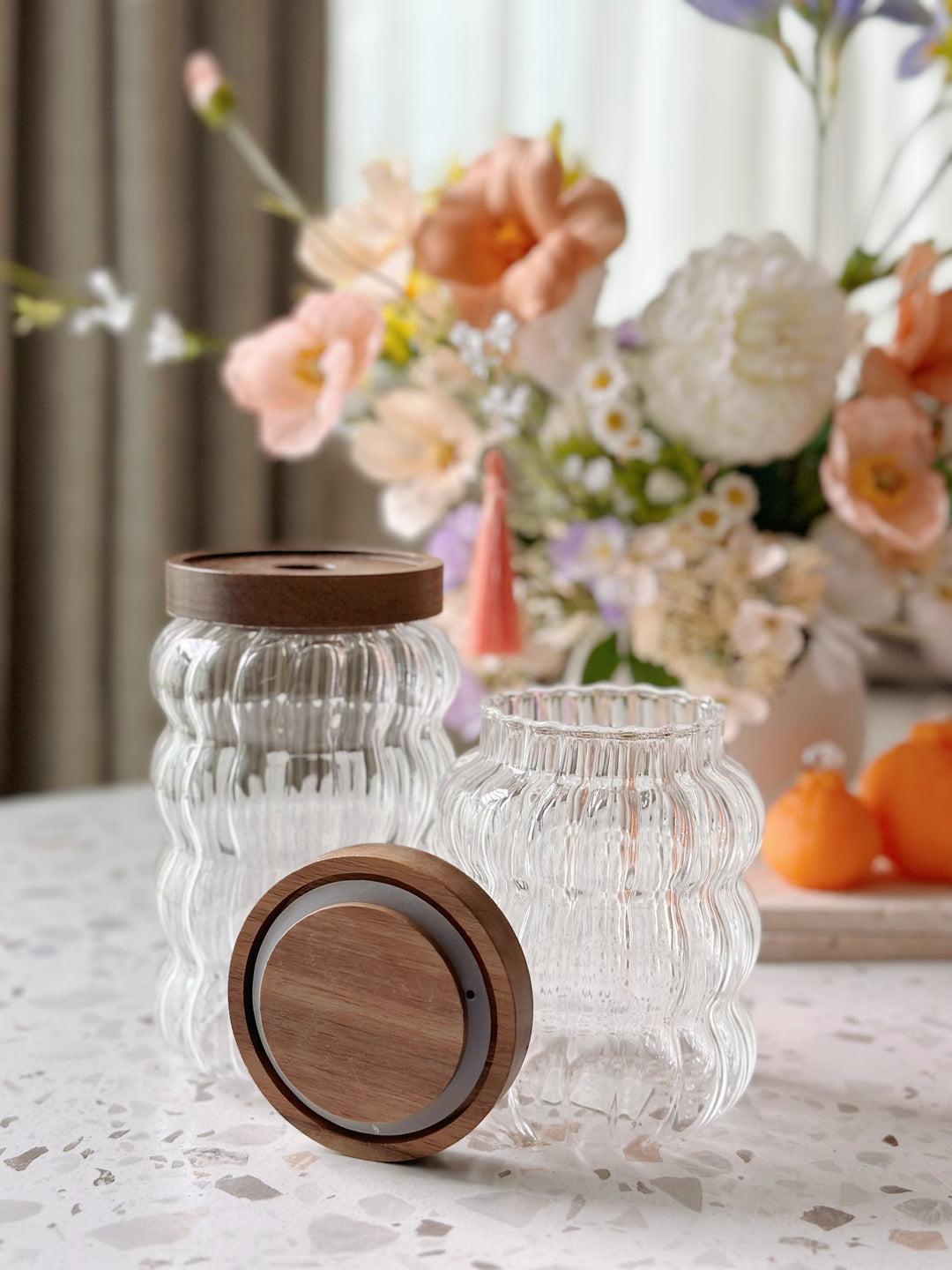 Grooved Glass Jar with Acacia Airtight Lid (set of 2)