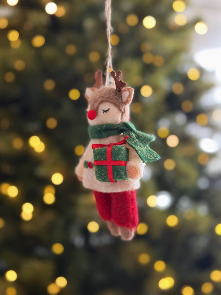 Gift Carrying Reindeer Felt Ornament