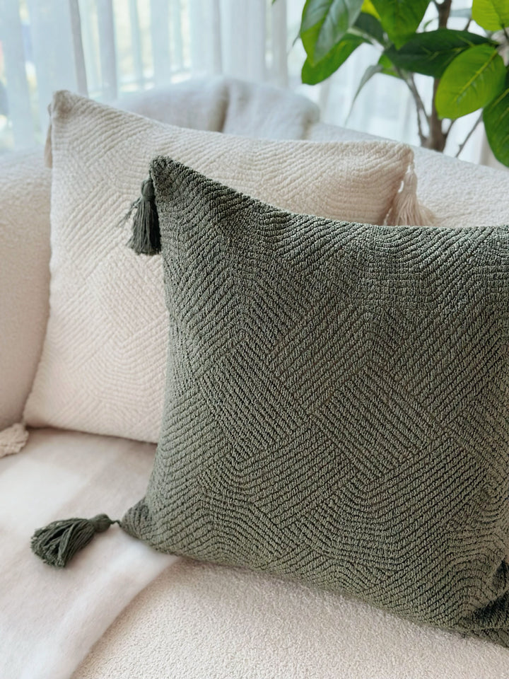 HerringHaven Tassel Cushion Cover - Deep Olive Green