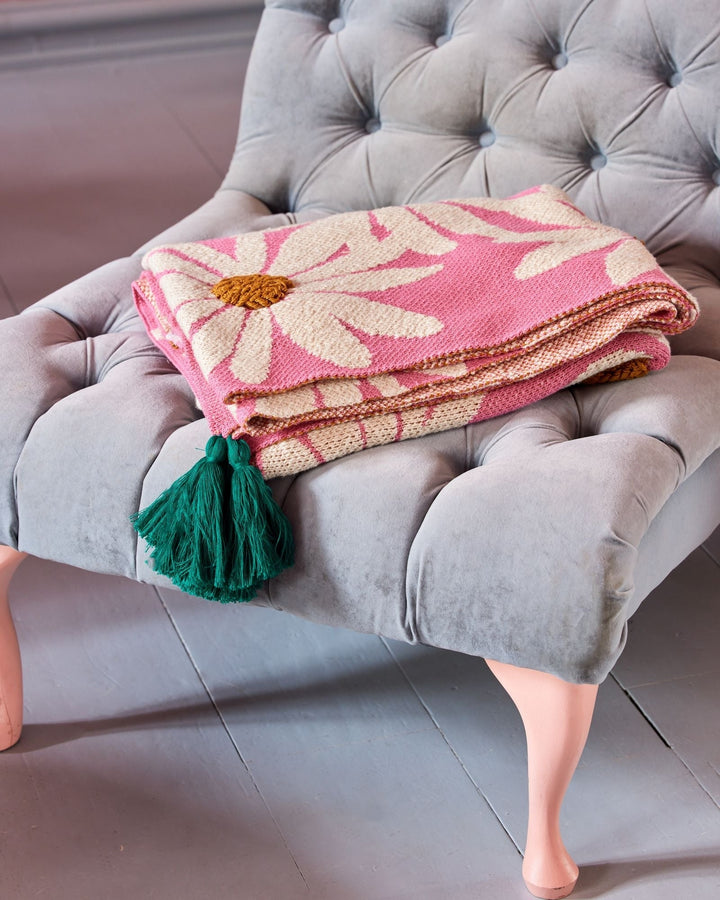 Cotton Knitted Blanket in Pink with Embossed Flowers and Green Tassels