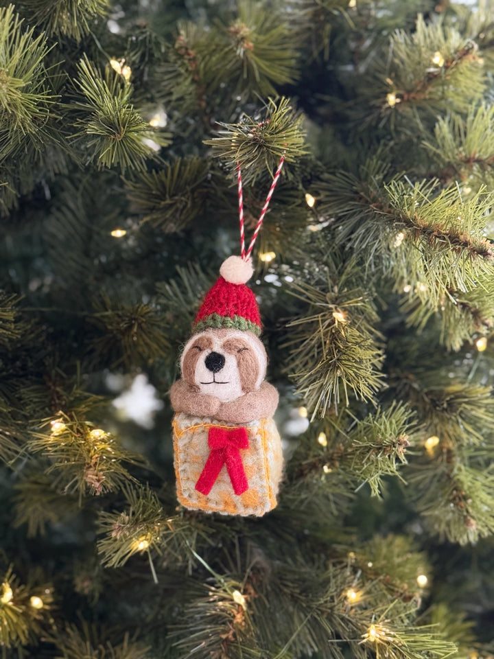 Sloth in Gift Box Felt Ornament