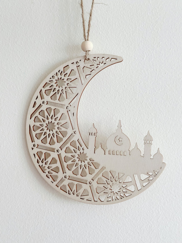 Geometric Crescent & Mosque Wooden Hanging Ornament
