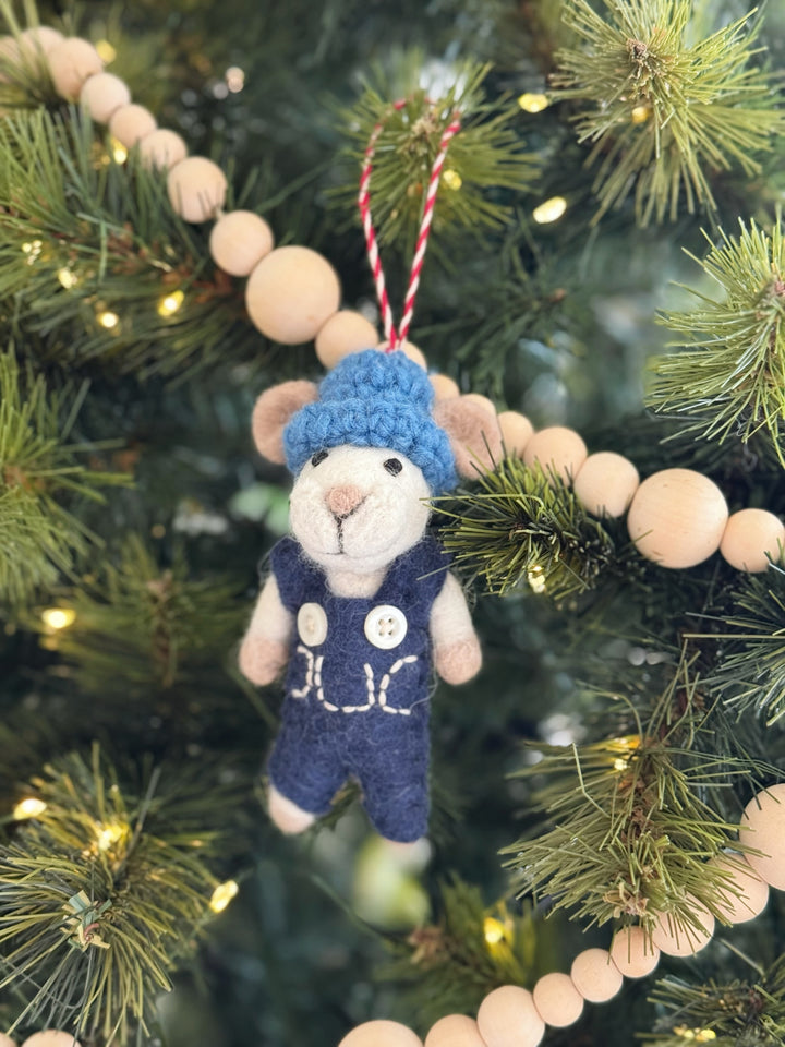 Blue Beanie Mouse Felt Ornament