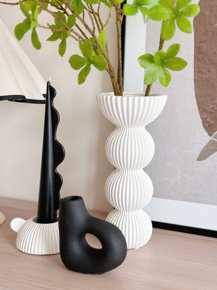 TriOrb Elegance: Fluted Porcelain Cascade Vase