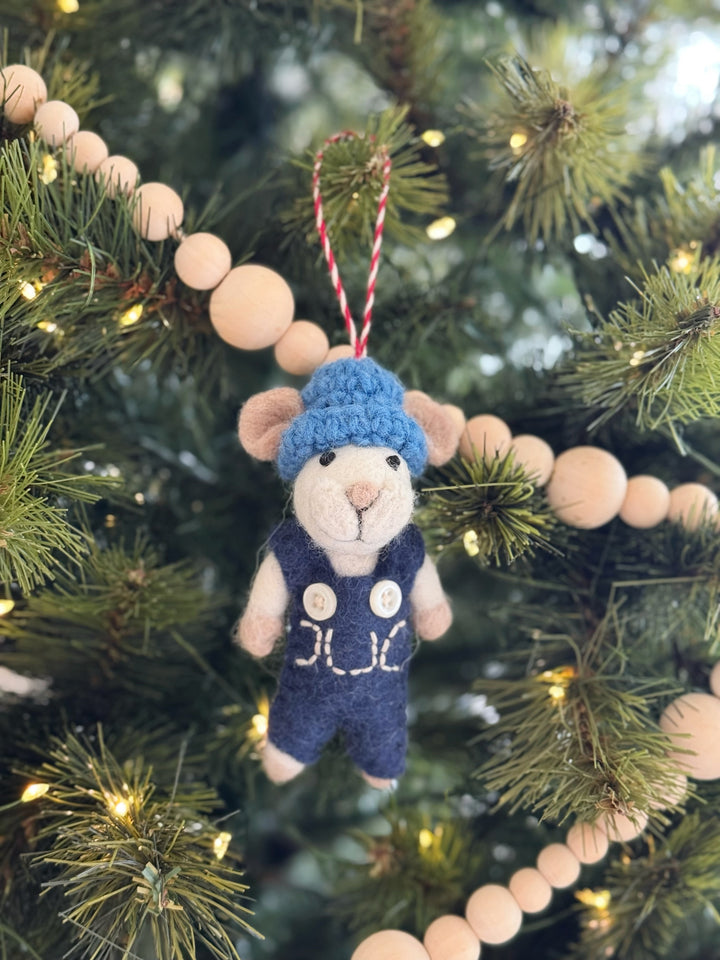 Blue Beanie Mouse Felt Ornament